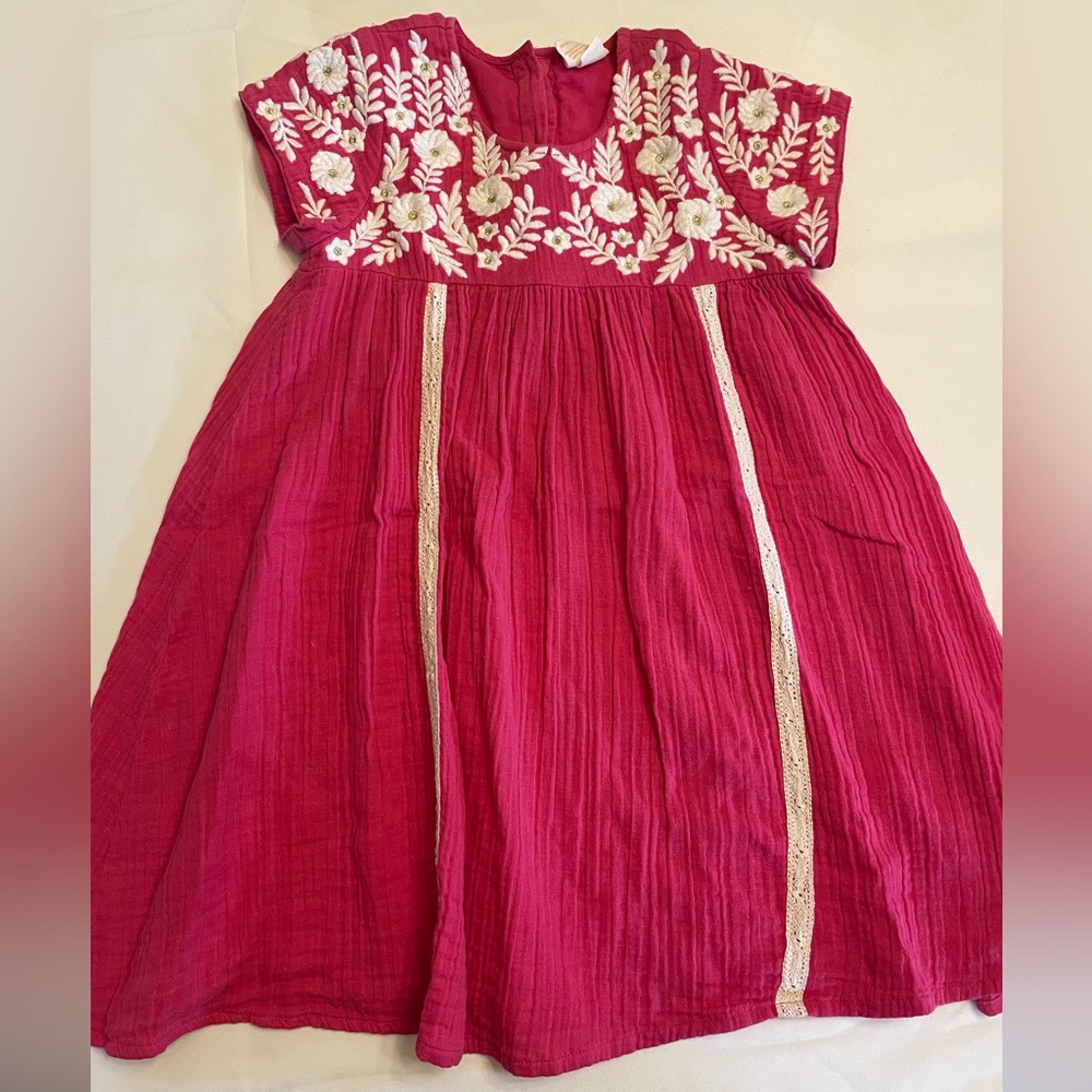 Masala Kids Hot Pink Embroidered Dress with White Flowers and Gold Accents